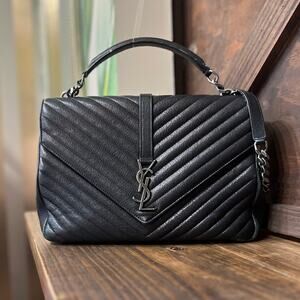 SAINT LAURENT YSL College Black Matelassé Chevron Monogram Shoulder Bag